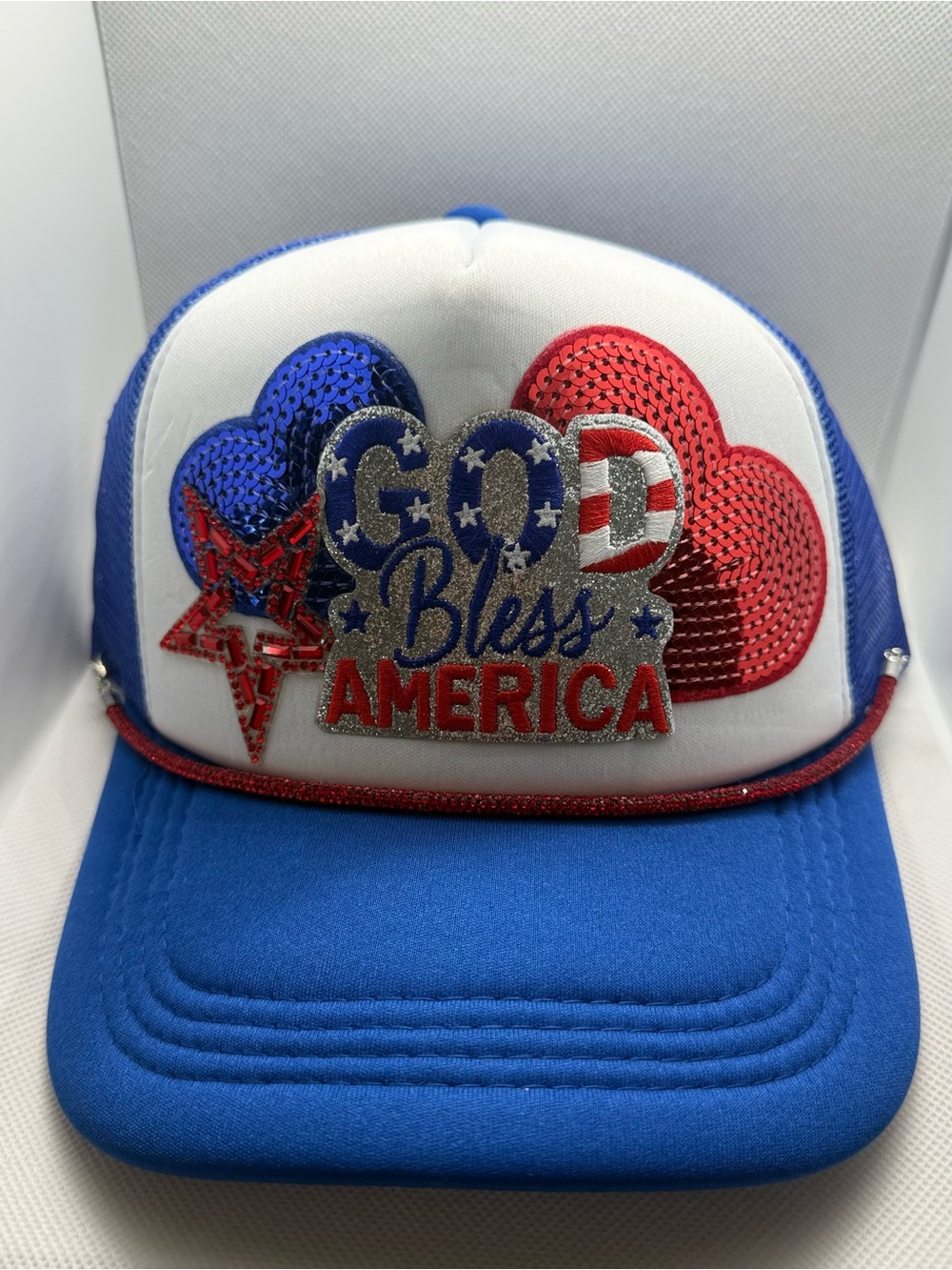 God Bless America Patriotic Trucker Hat Red White Blue Sequin Snapback